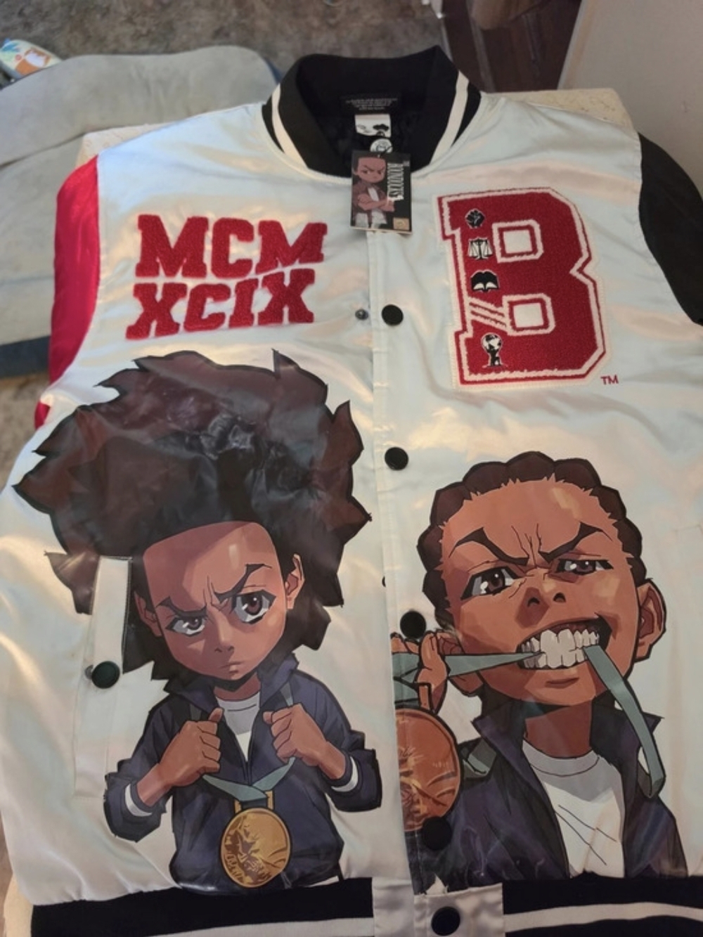 New Men's The Boondocks MCM White Varsity Satin Jacket